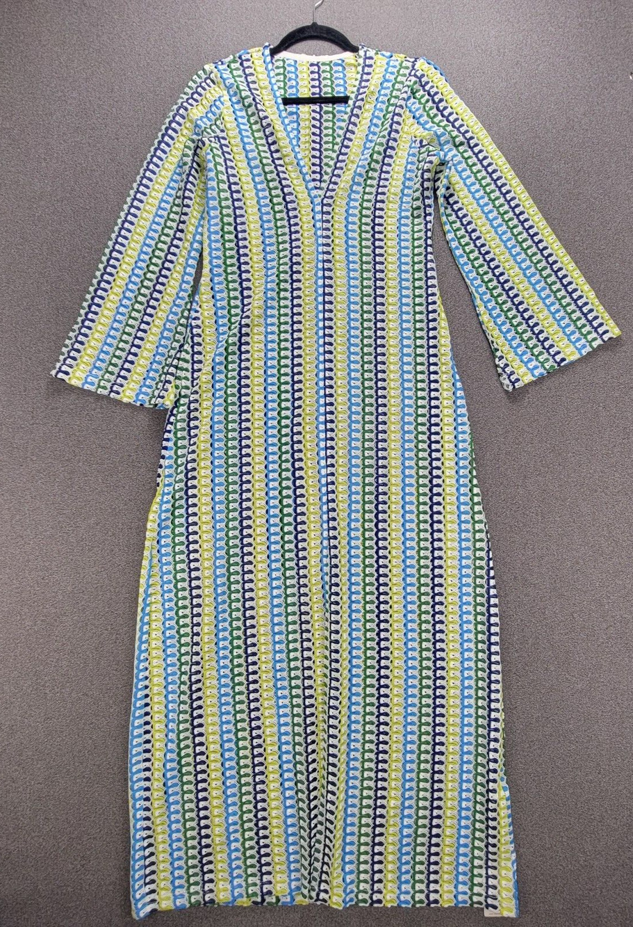 Commense M Blue Yellow Crochet Open Knit Maxi Dress